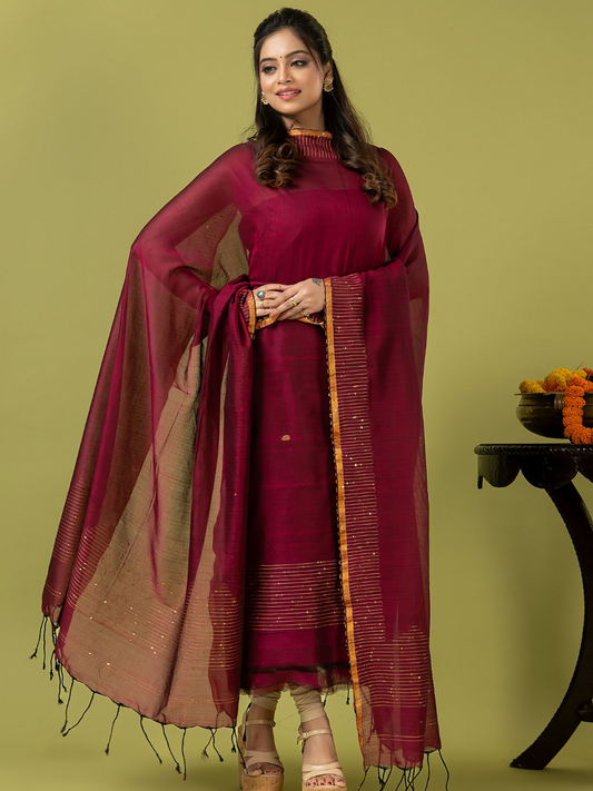 Handwoven Jamdani cotton Unstitched 2-piece Kurti | Wine Red