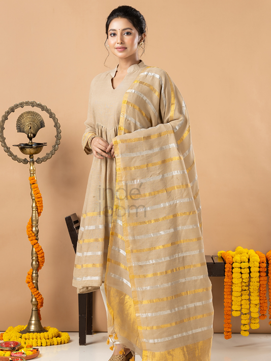 Handwoven Jamdani Linen Unstitched 2-piece Kurti | Beige | long Zari Lines with Long Zari Lines