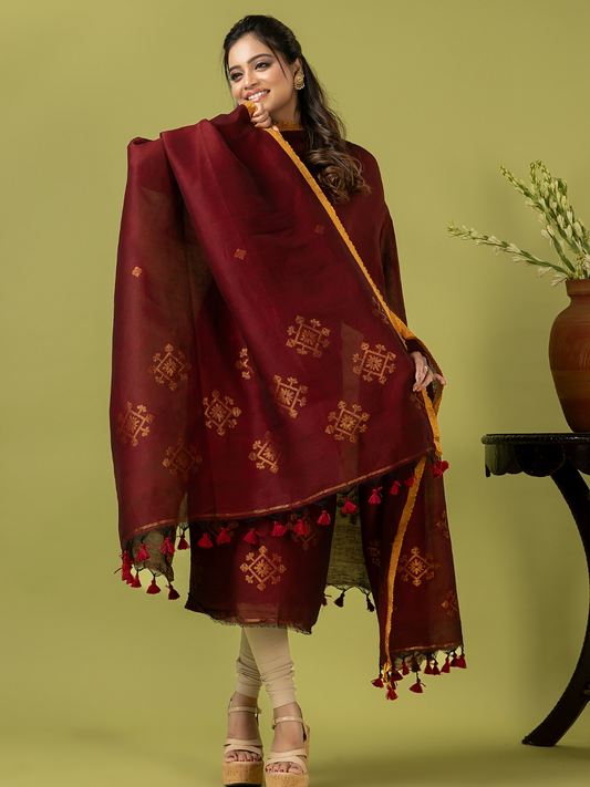 Handwoven Jamdani Linen Unstitched 2-piece Kurti | Deep Maroon