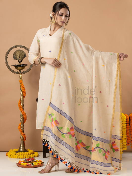 Handwoven Jamdani Linen Unstitched 2-piece Kurti | Cream | Scattered Buttas with Floral border