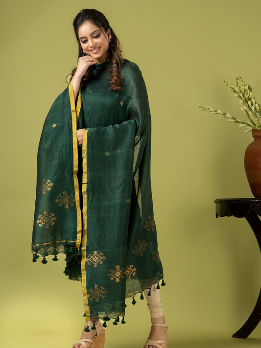 Handwoven Jamdani Linen Unstitched 2-piece Kurti | Bottle Green