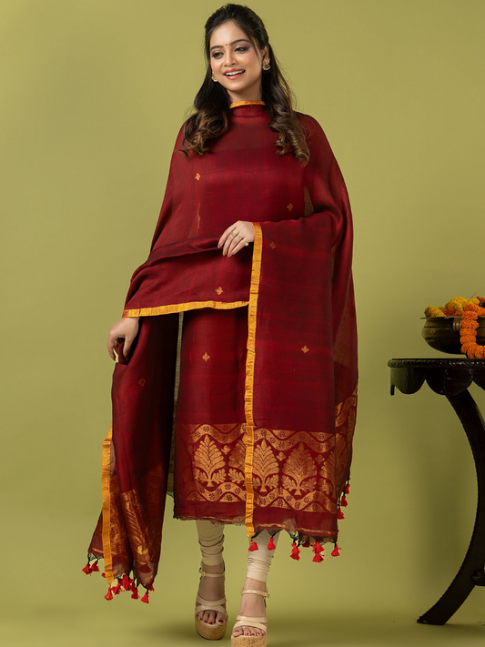 Handwoven Jamdani Linen Unstitched 2-piece Kurti | Deep Red