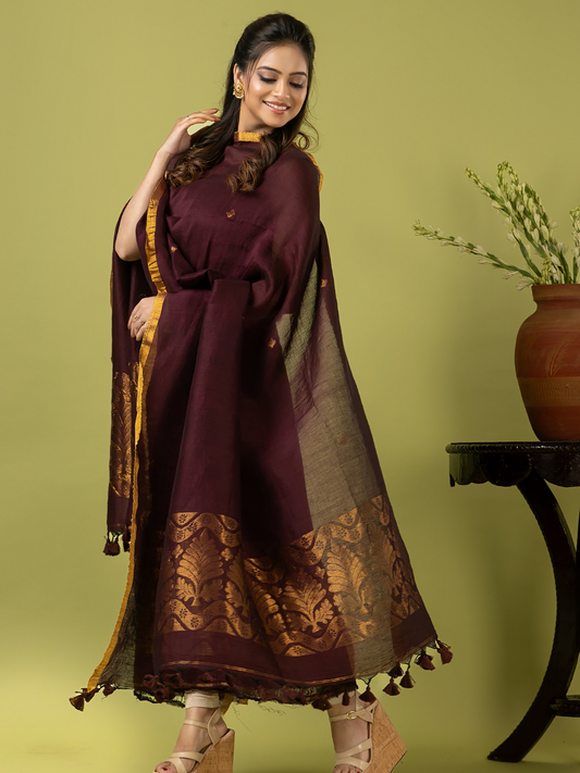 Handwoven Jamdani Linen Unstitched 2-piece Kurti | Deep Plum