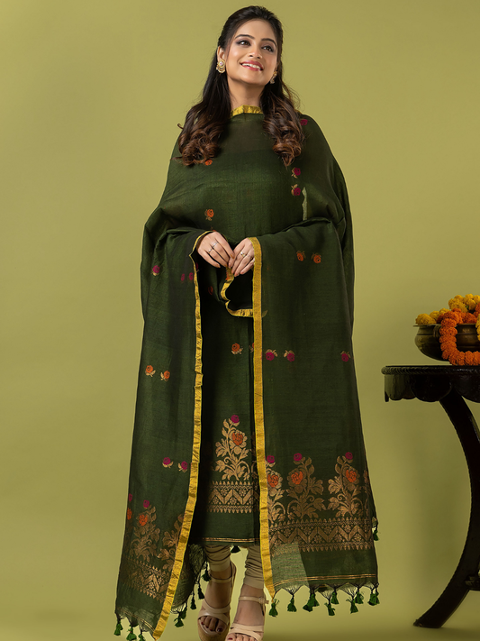 Handwoven Jamdani Linen Unstitched 2-piece Kurti | Olive Green