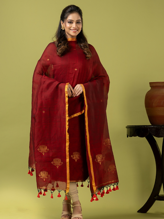 Handwoven Jamdani Linen Unstitched 2-piece Kurti | Deep Red