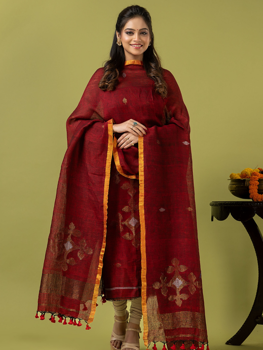 Handwoven Jamdani Linen Unstitched 2-piece Kurti | Deep Red