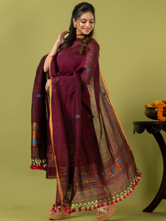 Handwoven Jamdani Linen Unstitched 2-piece Kurti | Burgundy Wine