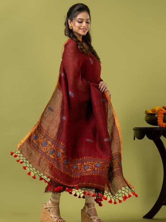 Handwoven Jamdani Linen Unstitched 2-piece Kurti | Crimson Red