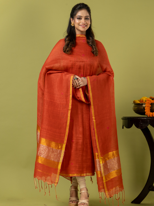 Handwoven Jamdani Linen Unstitched 2-piece Kurti | Burnt Orange