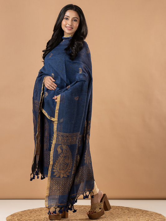 Handwoven Jamdani Linen Unstitched 2-Piece Kurti | Denim Navy Blue
