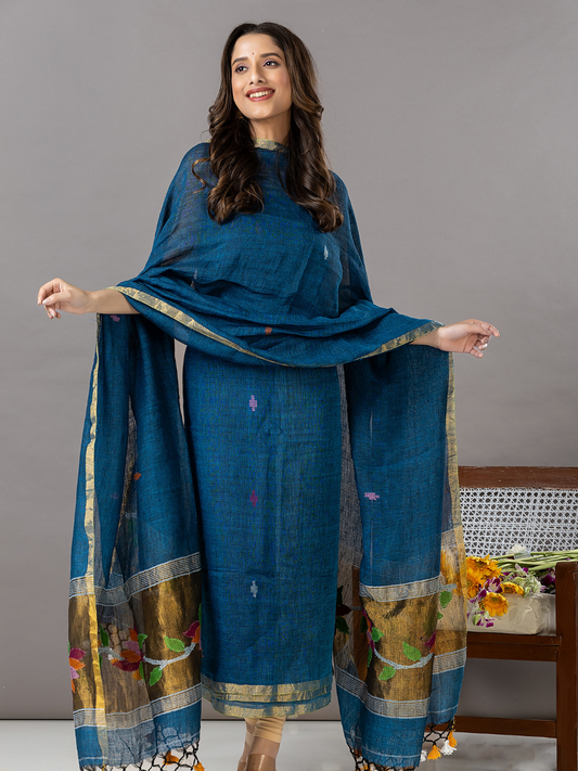 Handwoven Jamdani Linen Unstitched 2-Piece Kurti | Deep Teal Blue