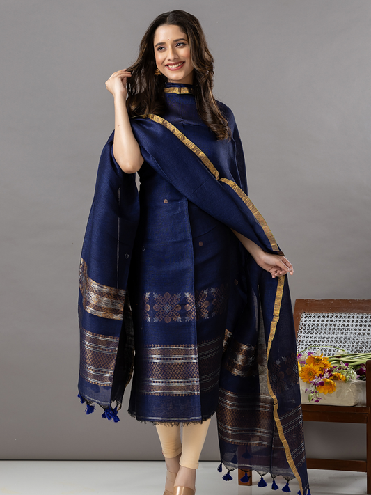 Handwoven Jamdani Linen Unstitched 2-Piece Kurti | Deep Navy Blue