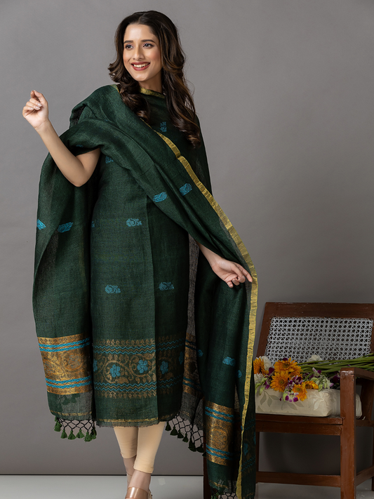 Handwoven Jamdani Linen Unstitched 2-Piece Kurti | Forest Green