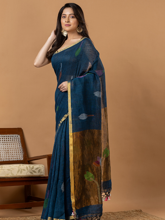 Handwoven Jamdani Linen Saree | Teal Blue
