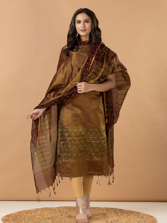 Handwoven Jamdani Muslin Unstitched 2-Piece Kurti | Copper Brown