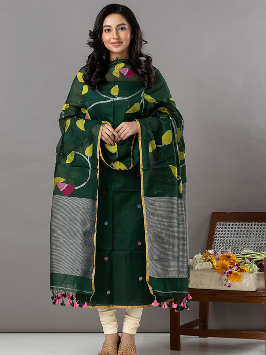 Handwoven Jamdani Muslin Unstitched 2-Piece Kurti | Bottle Green