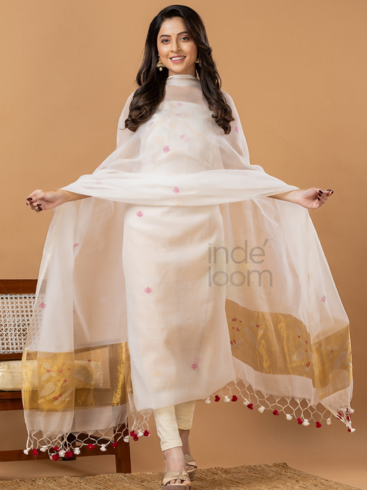 Handwoven Jamdani Muslin Unstitched 2-piece Kurti | White | Scattered Buttas with Floral border