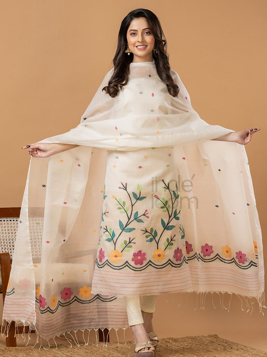 Handwoven Jamdani Muslin Unstitched 2-piece Kurti | White | All-over Jamdani weaves with Floral border