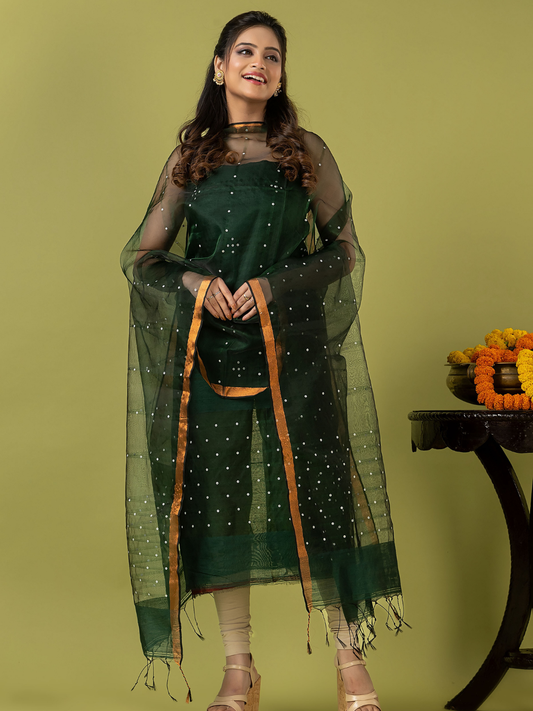 Handwoven Jamdani Muslin Unstitched 2-piece Kurti | Forest Green