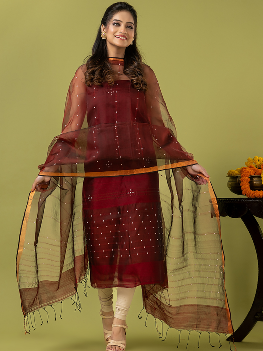 Handwoven Jamdani Muslin Unstitched 2-piece Kurti | Maroon Red