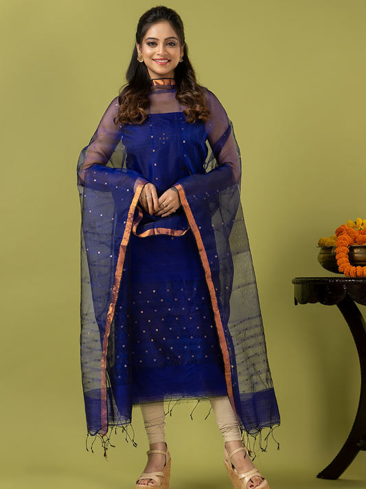 Handwoven Jamdani Muslin Unstitched 2-piece Kurti | Royal Blue