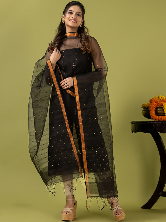 Handwoven Jamdani Muslin Unstitched 2-piece Kurti | Jet Black