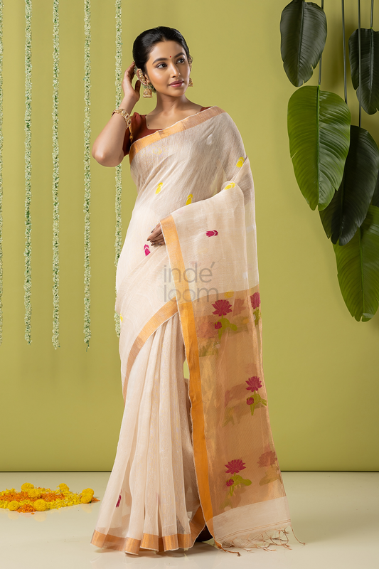 Handwoven Jamdani Muslin Saree | Off-White and Gold | All-over Buttas with All-over Jamdani weaves