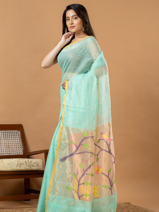 Handwoven Jamdani Muslin Saree | Aqua Mint
