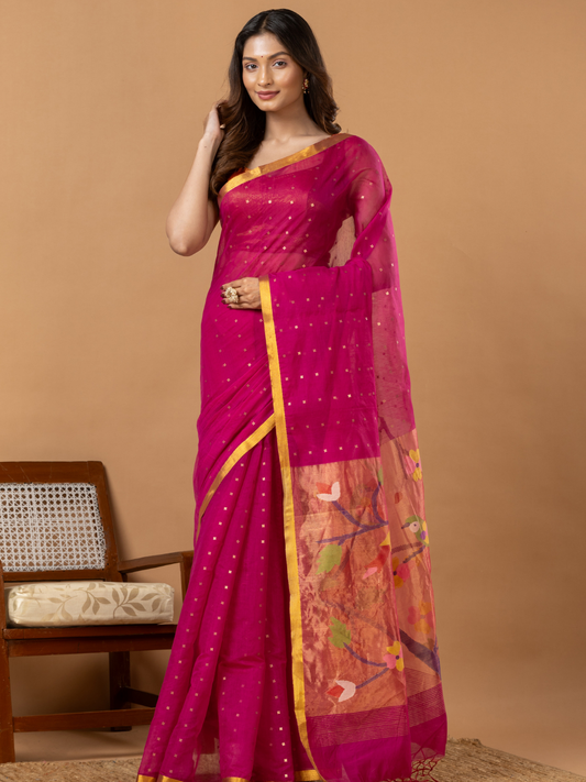 Handwoven Jamdani Muslin Saree | Fuchsia Pink