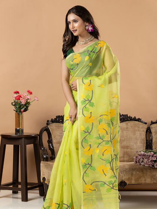 Handwoven Jamdani Muslin Silk Saree | Lime Green