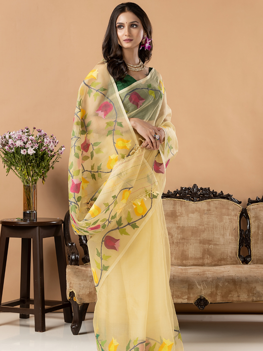 Handwoven Jamdani Muslin Silk Saree | Pale Yellow