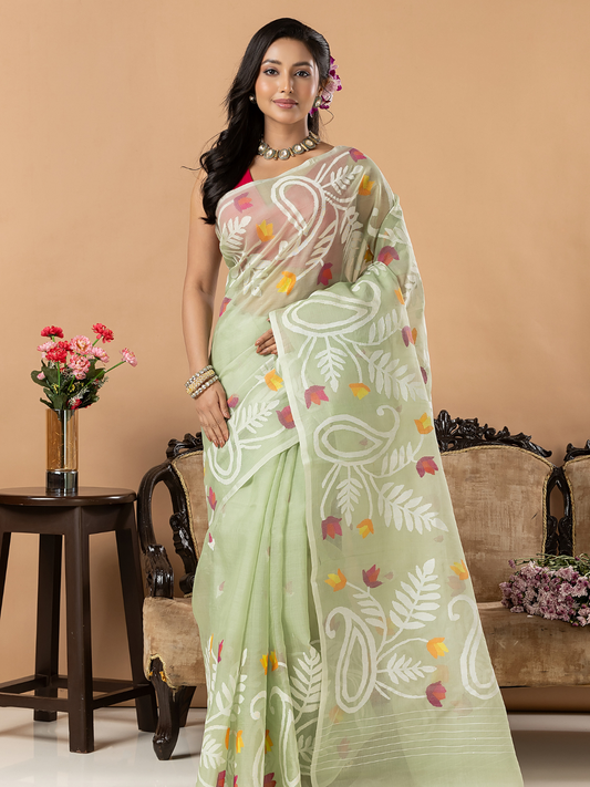 Handwoven Jamdani Muslin Silk Saree | Mint Green