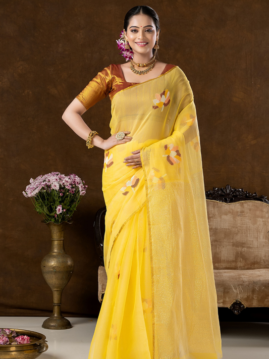 Handwoven Jamdani Muslin Silk Saree | Lemon Yellow