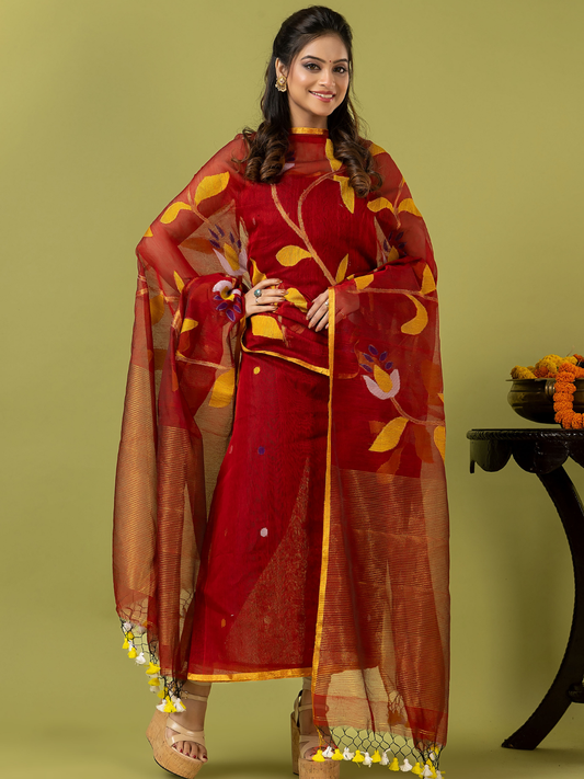 Handwoven Jamdani Silk Cotton Unstitched 2-piece Kurti | Deep Red
