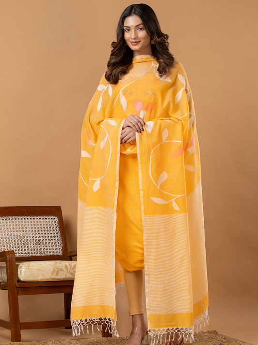 Handwoven Jamdani Silk Cotton Unstitched 2-piece Kurti | Marigold Yellow