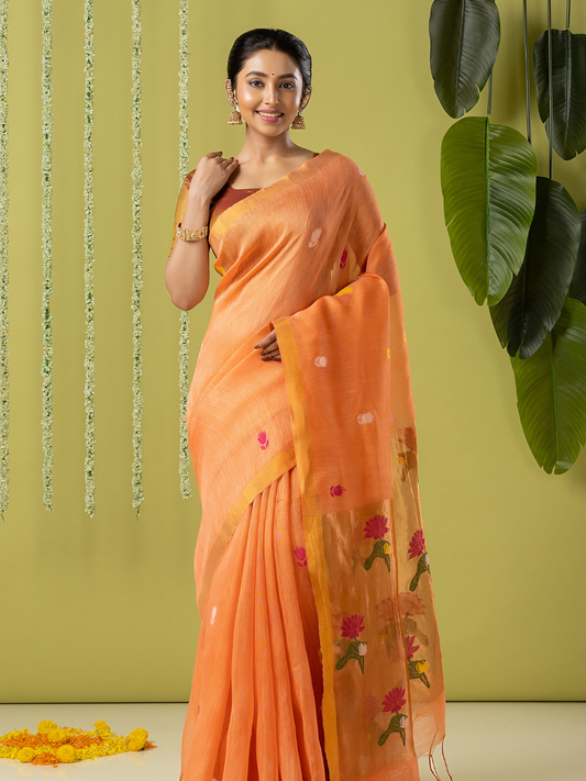 Handwoven Jamdani Silk Tissue Linen Saree | Peach Orange
