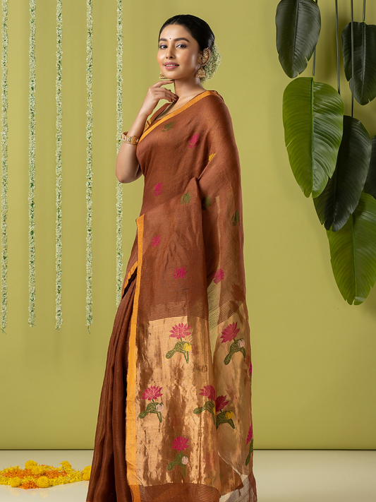 Handwoven Jamdani Silk Tissue Linen Saree | Rust Brown