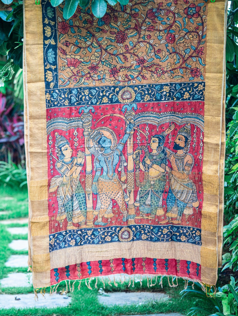 Traditional Handpainted Pen Kalamkari Tussar Silk Saree | Copper Orange