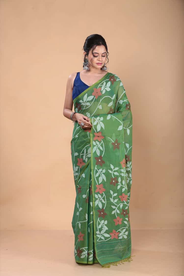 Muslin Jamdani Saree with Emrald Green-129
