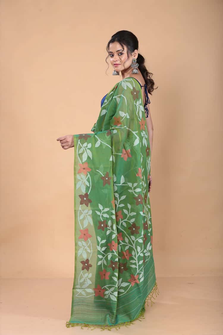 Muslin Jamdani Saree with Emrald Green-129