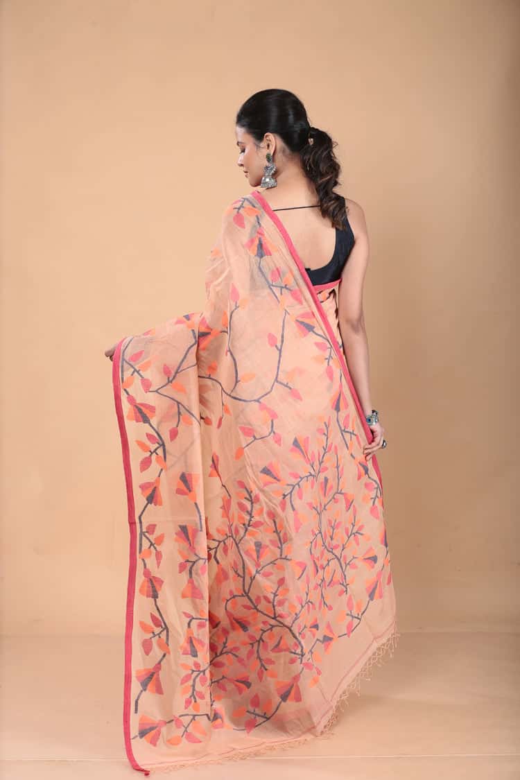 Hand Made Muslin Jamdani Saree With Bisque Brown - 122
