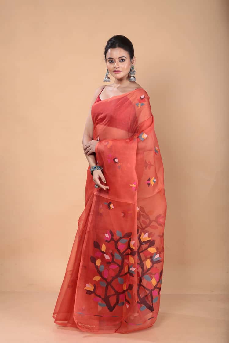 Muslin Jamdani Saree with Scarlet Red-121