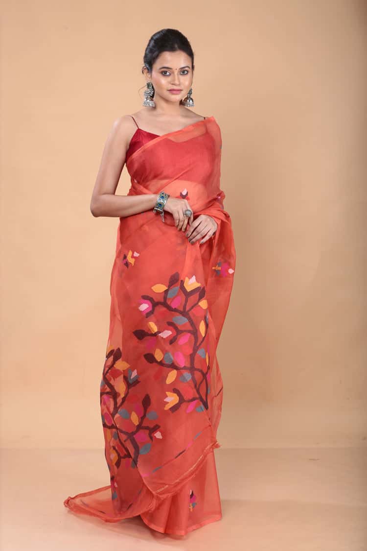 Muslin Jamdani Saree with Scarlet Red-121