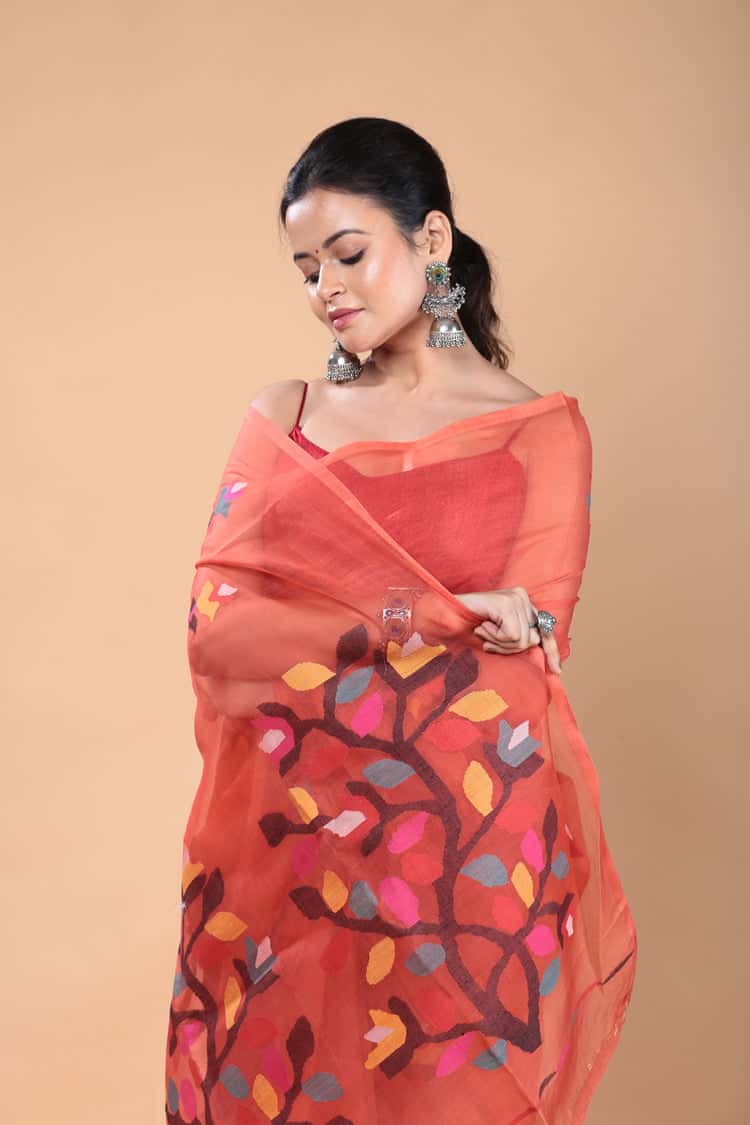 Muslin Jamdani Saree with Scarlet Red-121