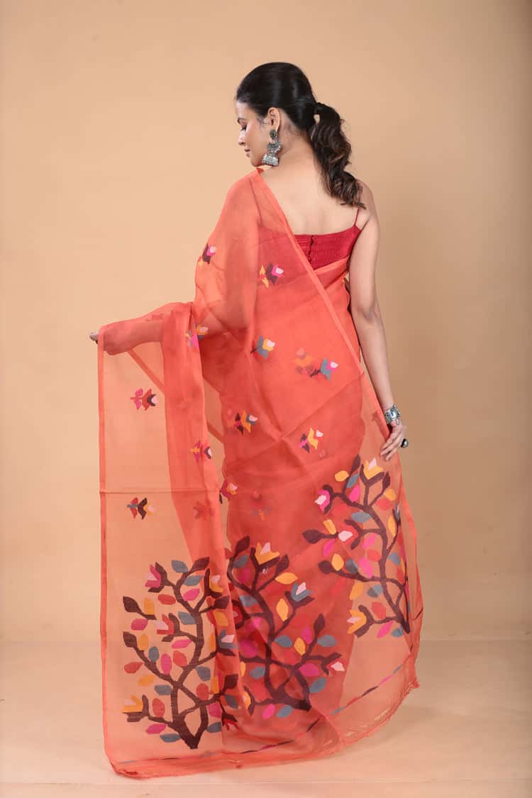Muslin Jamdani Saree with Scarlet Red-121