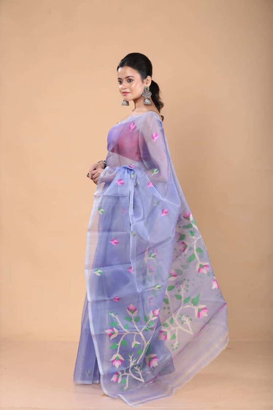Hand Made Muslin Jamdani Saree With Sky Blue - 116