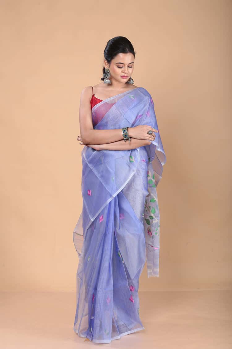 Hand Made Muslin Jamdani Saree With Sky Blue - 116