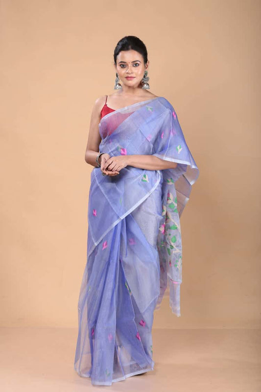 Hand Made Muslin Jamdani Saree With Sky Blue - 116