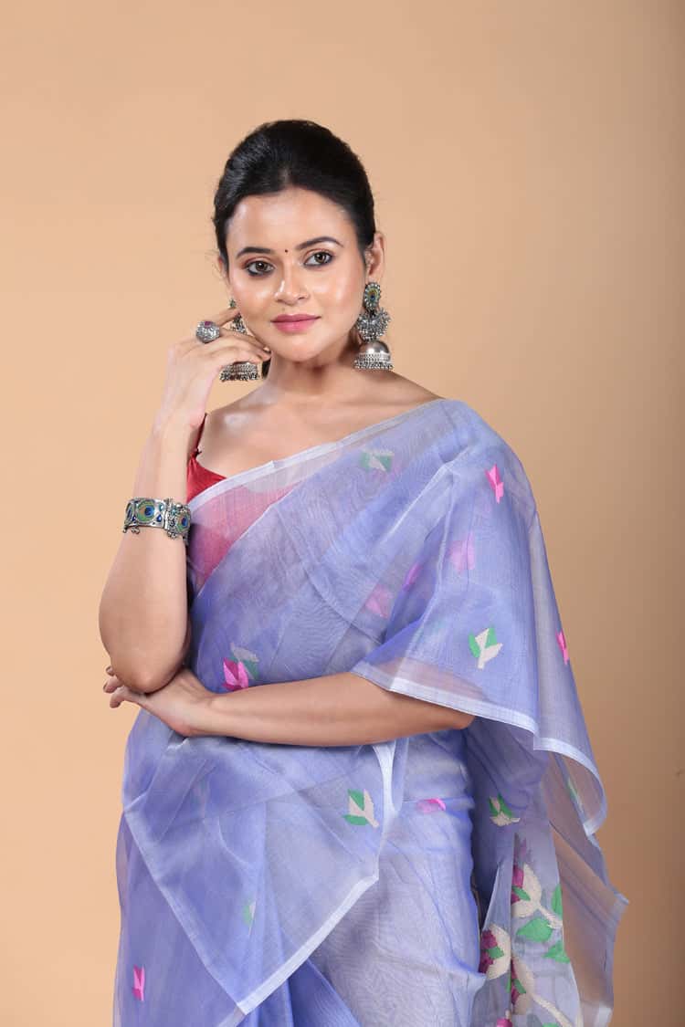 Hand Made Muslin Jamdani Saree With Sky Blue - 116