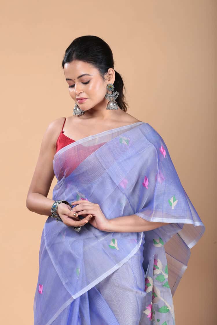 Hand Made Muslin Jamdani Saree With Sky Blue - 116
